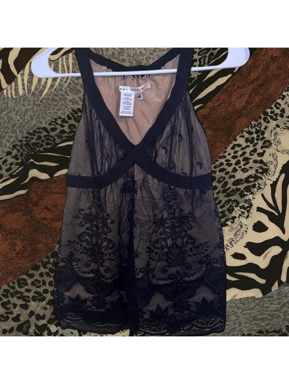 Black lace Max Studio tank with a light nude base